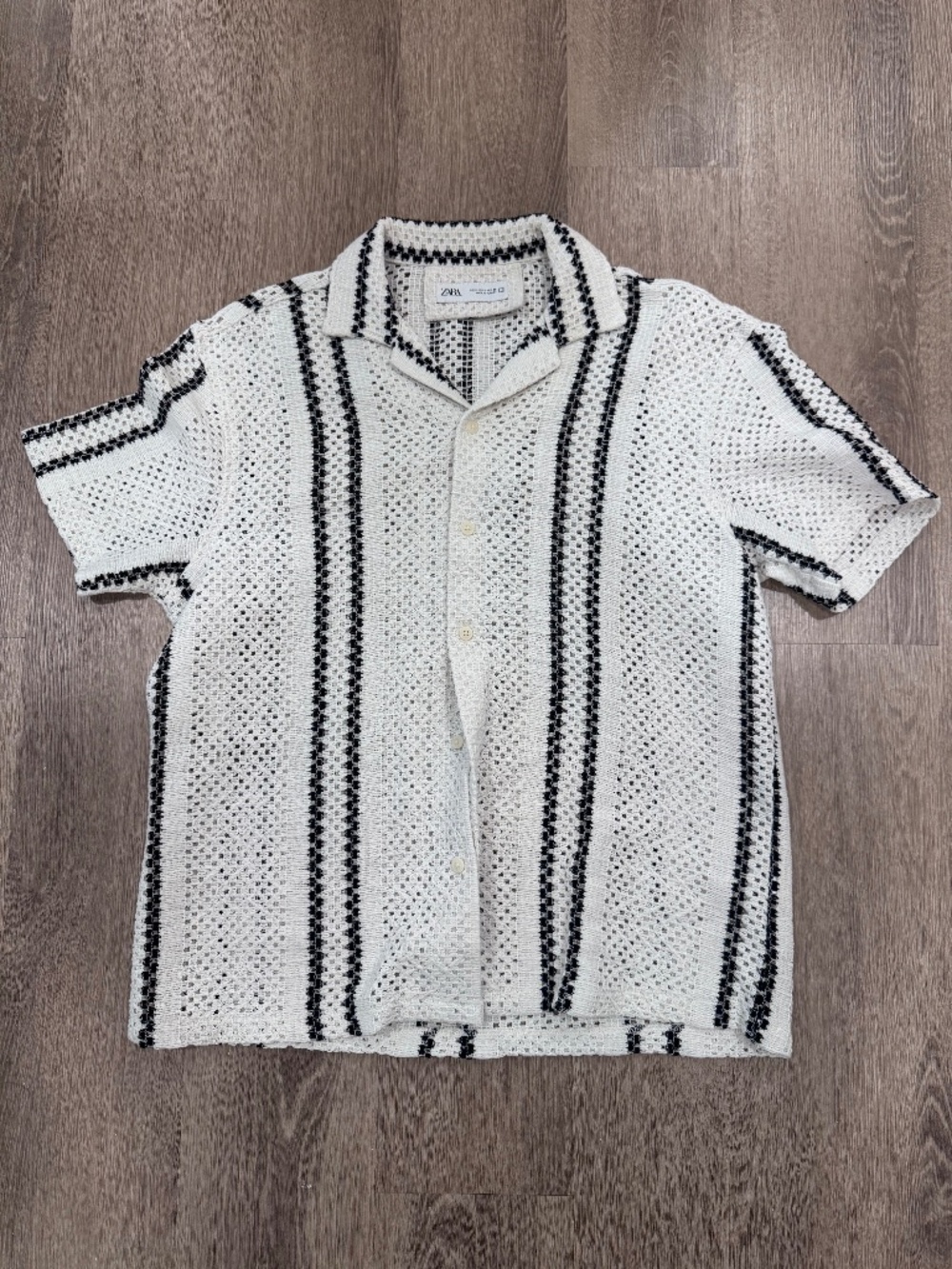 Zara Men’s Small White Black Crochet Knit Button-Up Shirt